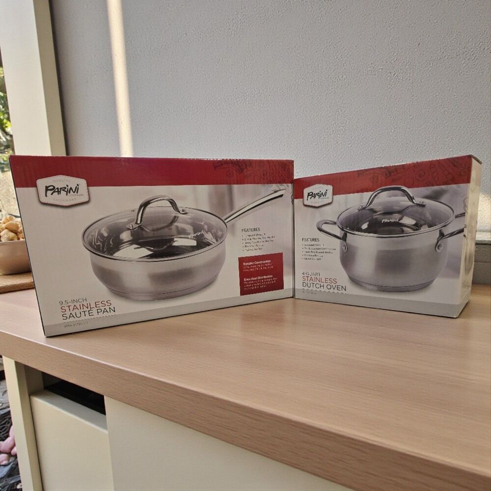 Parini Kitchen Cookware Set 9.5" Sautee Pan & 4qt Dutch Oven Stainless Steal NIB